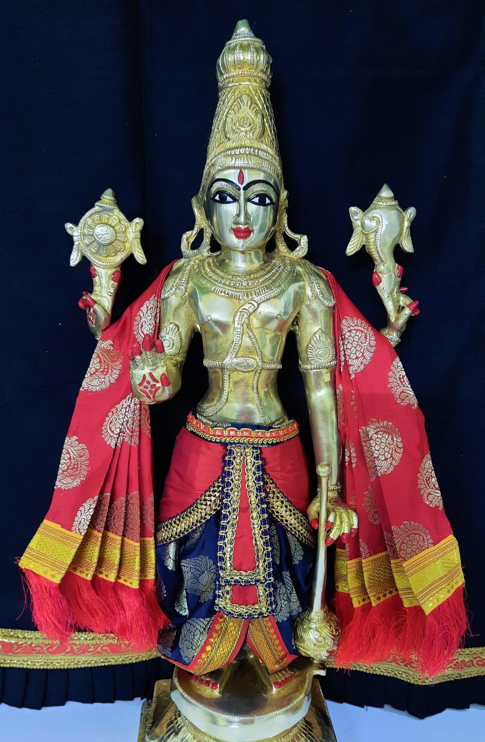 Dasavataram inspired inspired Deity dhoti and patka shalya / Uparna vastra made of Tapeta Silk (Not Pure Silk) - Navy Blue Dhoti with Red Pleats and Red Shalya 1