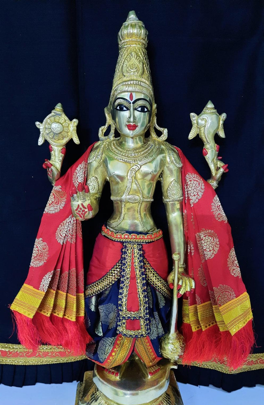 Dasavataram inspired inspired Deity dhoti and patka shalya / Uparna vastra made of Tapeta Silk (Not Pure Silk) - Navy Blue Dhoti with Red Pleats and Red Shalya