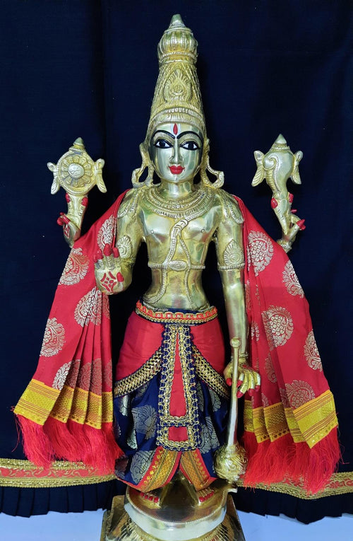 Dasavataram inspired inspired Deity dhoti and patka shalya / Uparna vastra made of Tapeta Silk (Not Pure Silk) - Navy Blue Dhoti with Red Pleats and Red Shalya