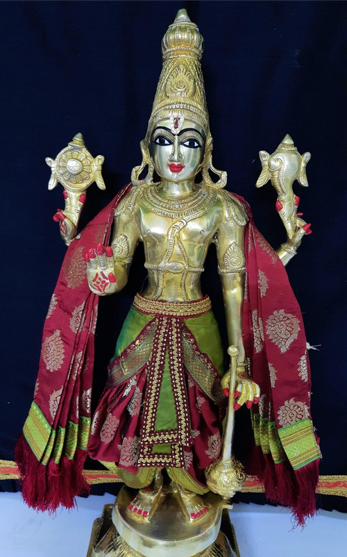 Dasavataram inspired inspired Deity dhoti and patka shalya / Uparna vastra made of Tapeta Silk (Not Pure Silk) - Maroon Dhoti with Sap Green Pleats and Maroon Shalya