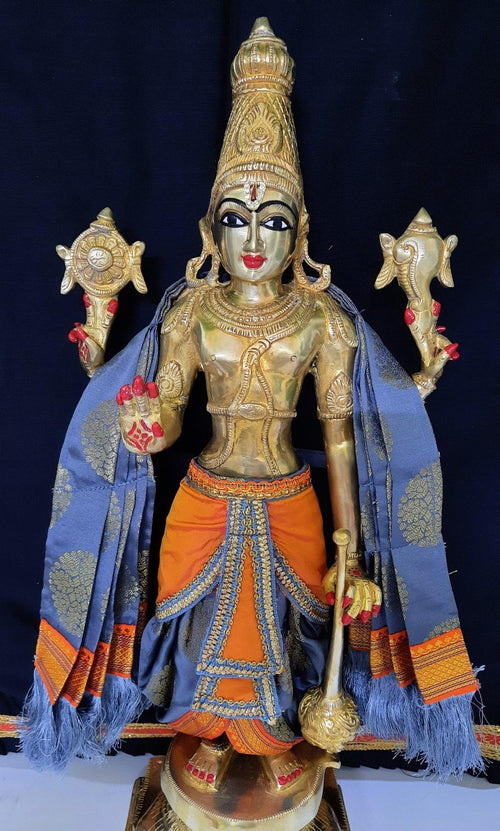 Dasavataram inspired inspired Deity dhoti and patka shalya / Uparna vastra made of Tapeta Silk (Not Pure Silk) - Grey Dhoti with Orange Pleats and Grey Shalya