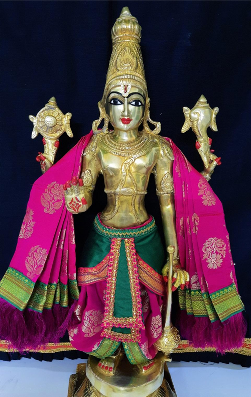 Dasavataram inspired inspired Deity dhoti and patka shalya / Uparna vastra made of Tapeta Silk (Not Pure Silk) - Pink Dhoti with Bottle Green Pleats and Pink Shalya