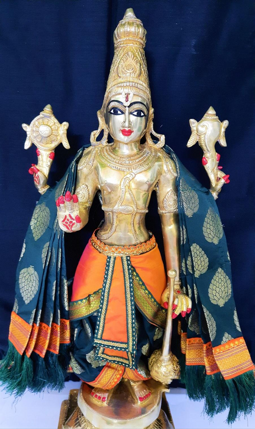 Dasavataram inspired inspired Deity dhoti and patka shalya / Uparna vastra made of Tapeta Silk (Not Pure Silk) - Bottle Green Dhoti with Orange Pleats and Bottle Green Shalya