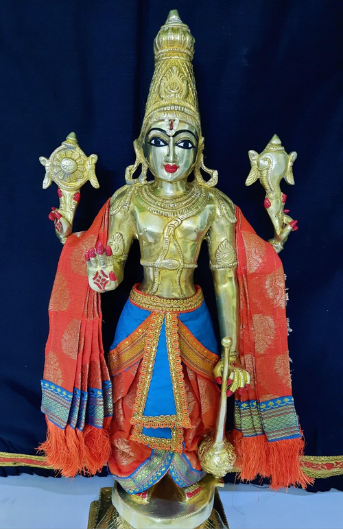 Dasavataram inspired inspired Deity dhoti and patka shalya / Uparna vastra made of Tapeta Silk (Not Pure Silk) - Orange Dhoti with Sky Blue Pleats and Orange Shalya