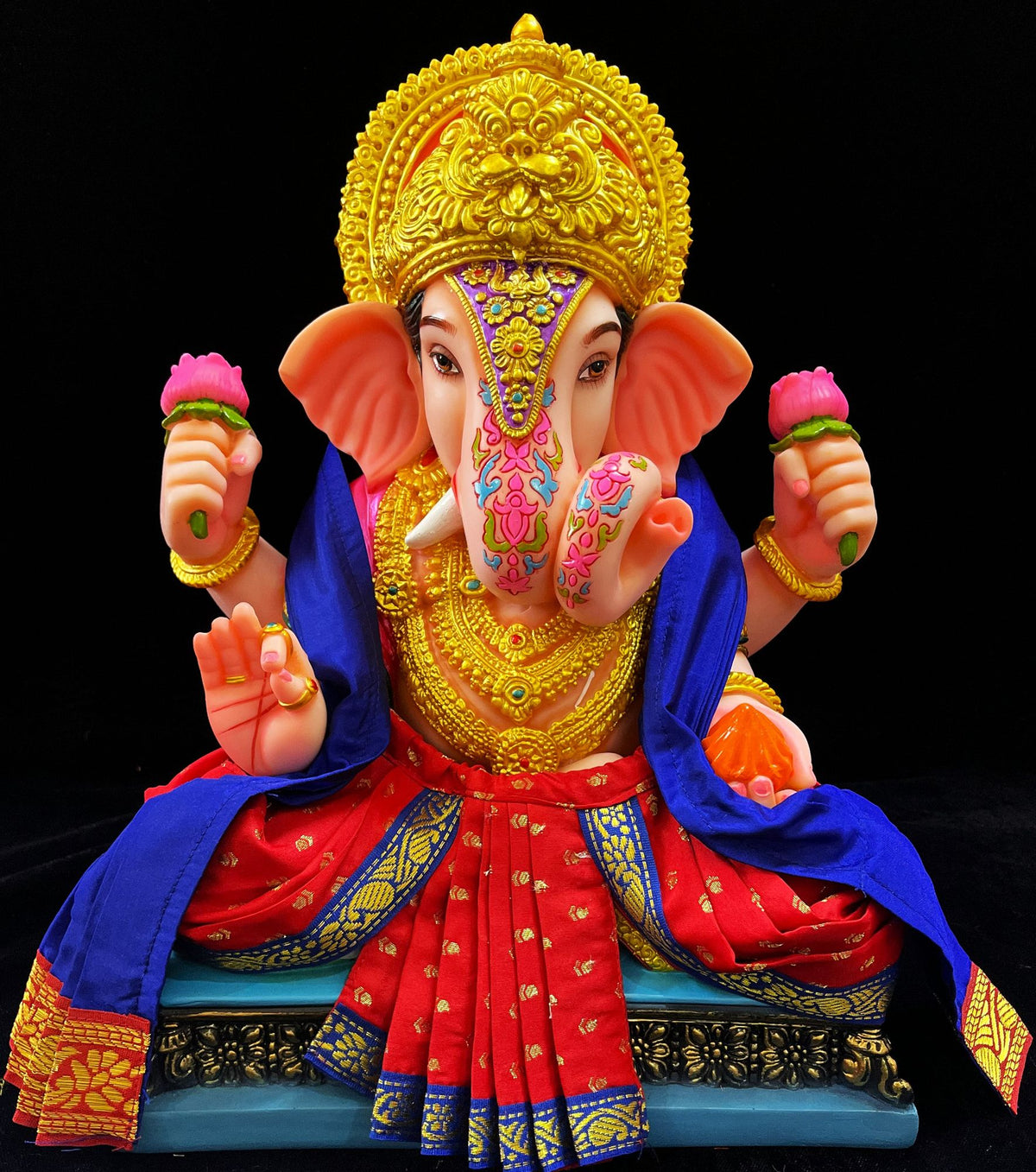 Dagdusheth Halwai Ganpati Dhoti made of Soft Silk (Pure Silk) - Red dhoti with Blue border and Blue Shalya