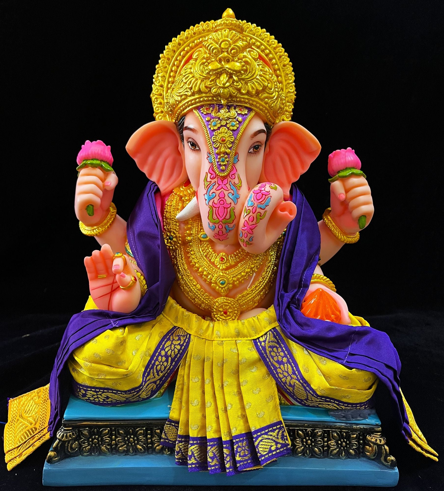 Dagdusheth Halwai Ganpati Dhoti made of Soft Silk (Pure Silk) - Yellow dhoti with Voilet border and  Voilet Shalya 1