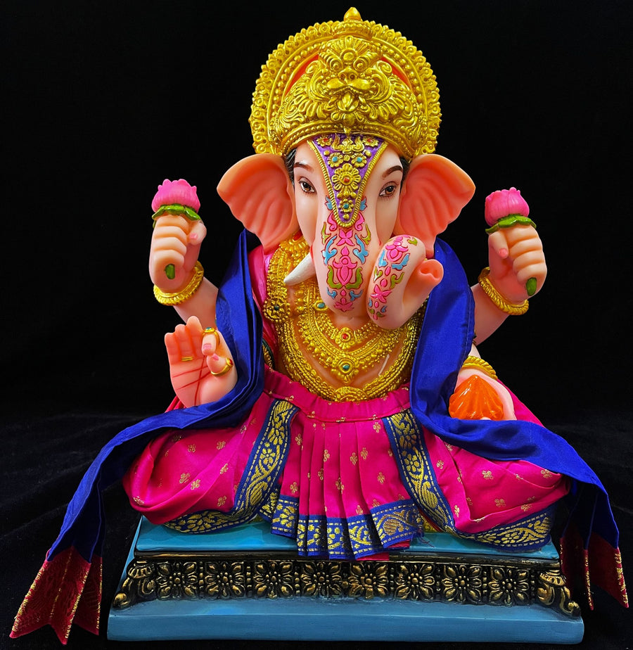 Dagdusheth Halwai Ganpati Dhoti made of Soft Silk (Pure Silk) - Pink dhoti with Blue border and Royal Blue Shalya