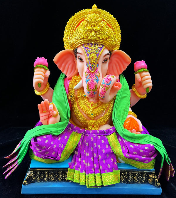 Dagdusheth Halwai Ganpati Dhoti made of Soft Silk (Pure Silk) - Purple dhoti with Parrot Green border and Parrot Green Shalya