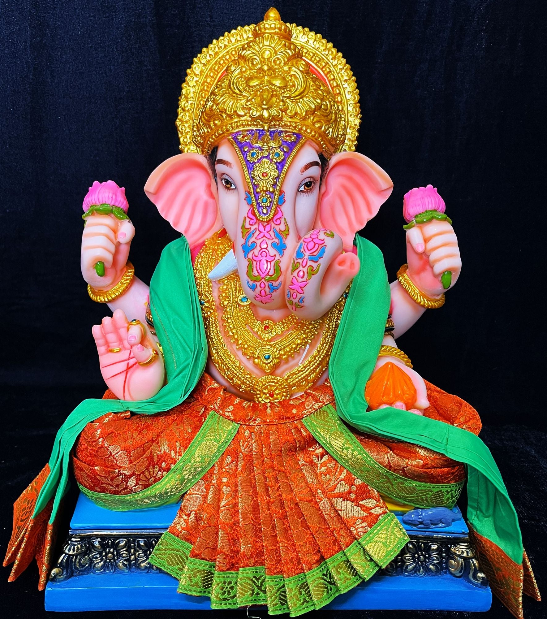 Dagdusheth Halwai Ganpati Dhoti made of Brocade Silk (Not Pure Silk) - Orange Dhoti with Parrot green border and Parrot Green Shalya 1