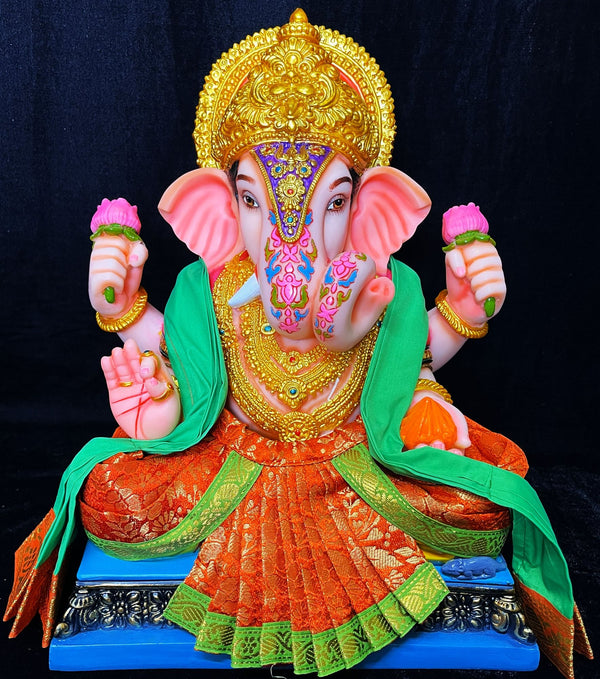 Dagdusheth Halwai Ganpati Dhoti made of Brocade Silk (Not Pure Silk) - Orange Dhoti with Parrot green border and Parrot Green Shalya