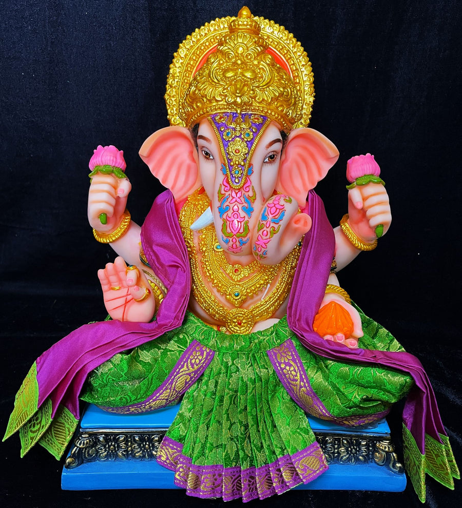 Dagdusheth Halwai Ganpati Dhoti made of Brocade Silk (Not Pure Silk) - Parrot Green Dhoti with Purple border and  Purple Shalya
