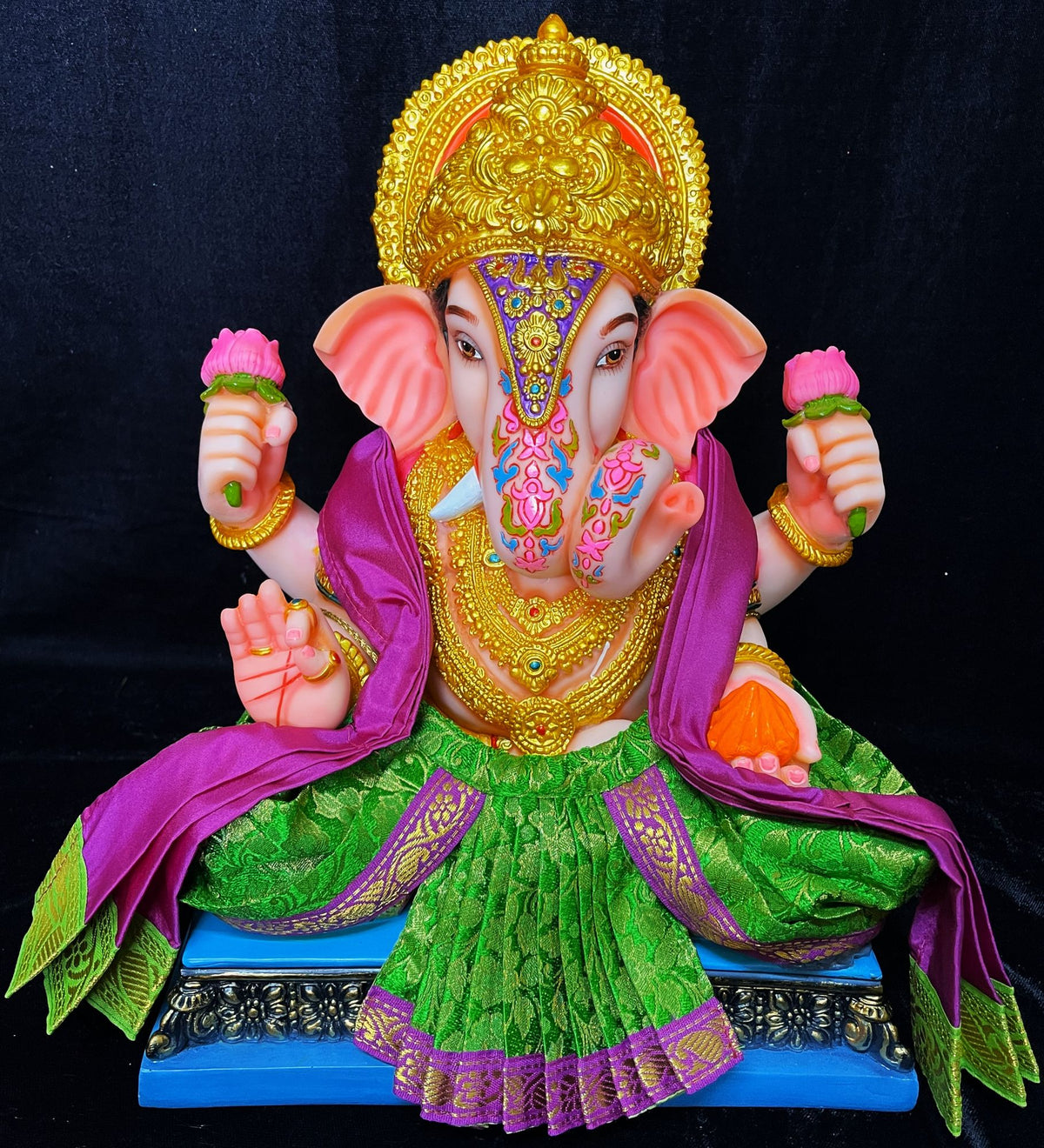 Dagdusheth Halwai Ganpati Dhoti made of Brocade Silk (Not Pure Silk) - Parrot Green Dhoti with Purple border and  Purple Shalya