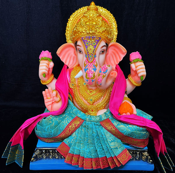 Dagdusheth Halwai Ganpati Dhoti made of Brocade Silk (Not Pure Silk) -  Turquoise Blue Dhoti with Pink  border and  Pink Shalya