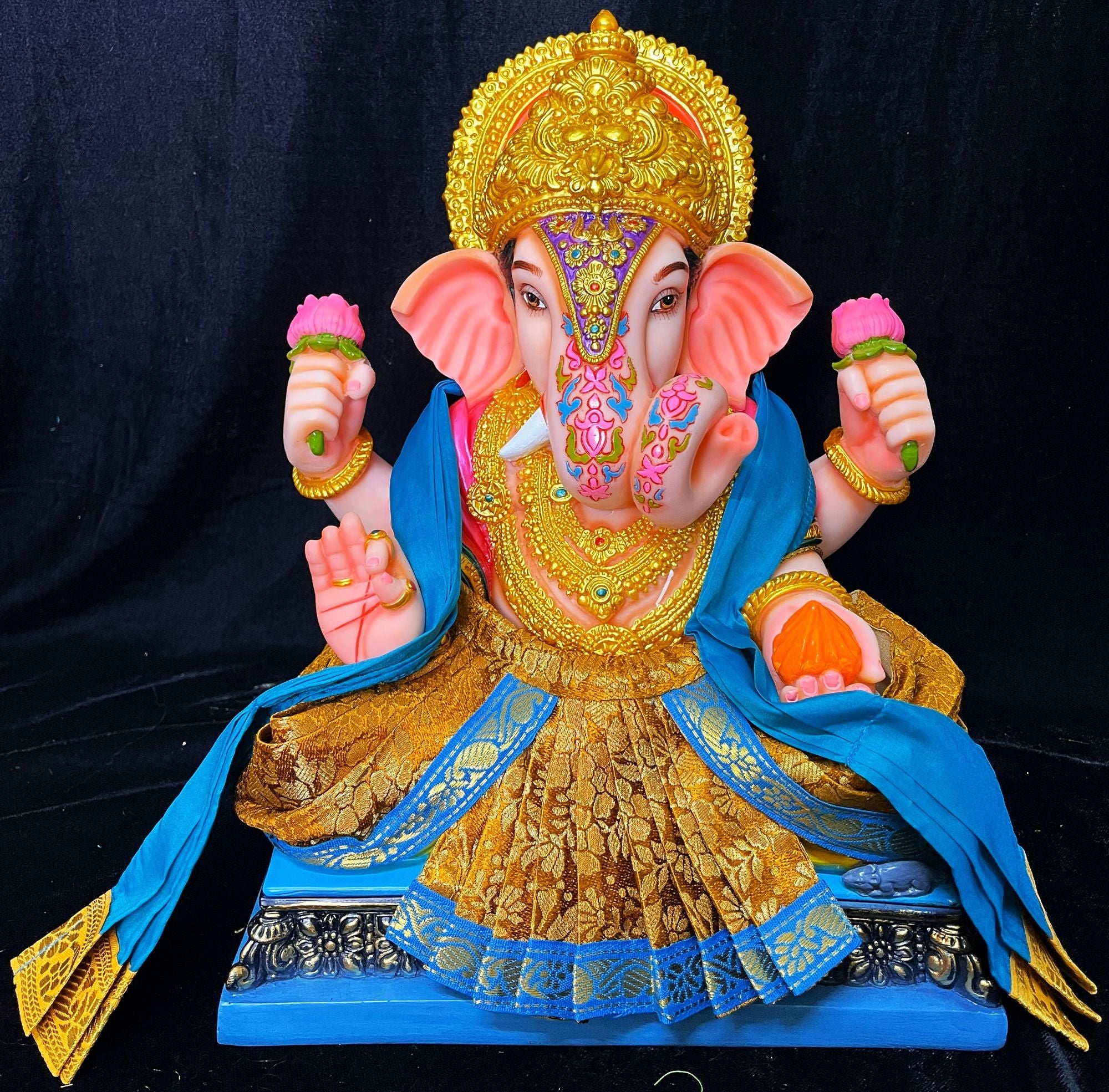 Dagdusheth Halwai Ganpati Dhoti made of Brocade Silk (Not Pure Silk) -  Gold  Dhoti with Blue border and  Blue Shalya 1