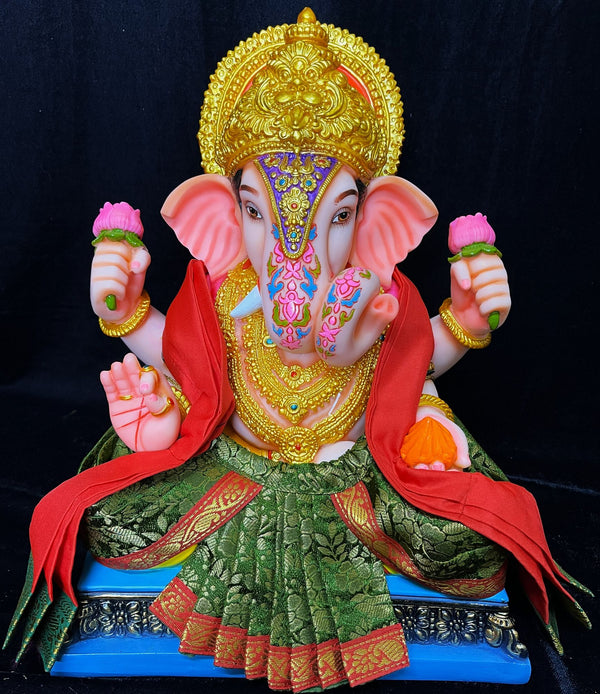 Dagdusheth Halwai Ganpati Dhoti made of Brocade Silk (Not Pure Silk) - Sap Green Dhoti with Red  border and  Red Shalya