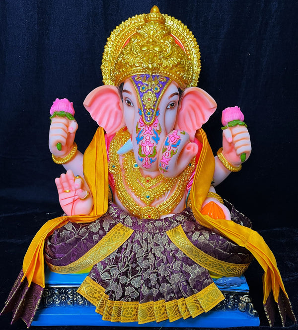 Dagdusheth Halwai Ganpati Dhoti made of Brocade Silk (Not Pure Silk) - Wine colour Dhoti with Yellow  border and  Yellow Shalya