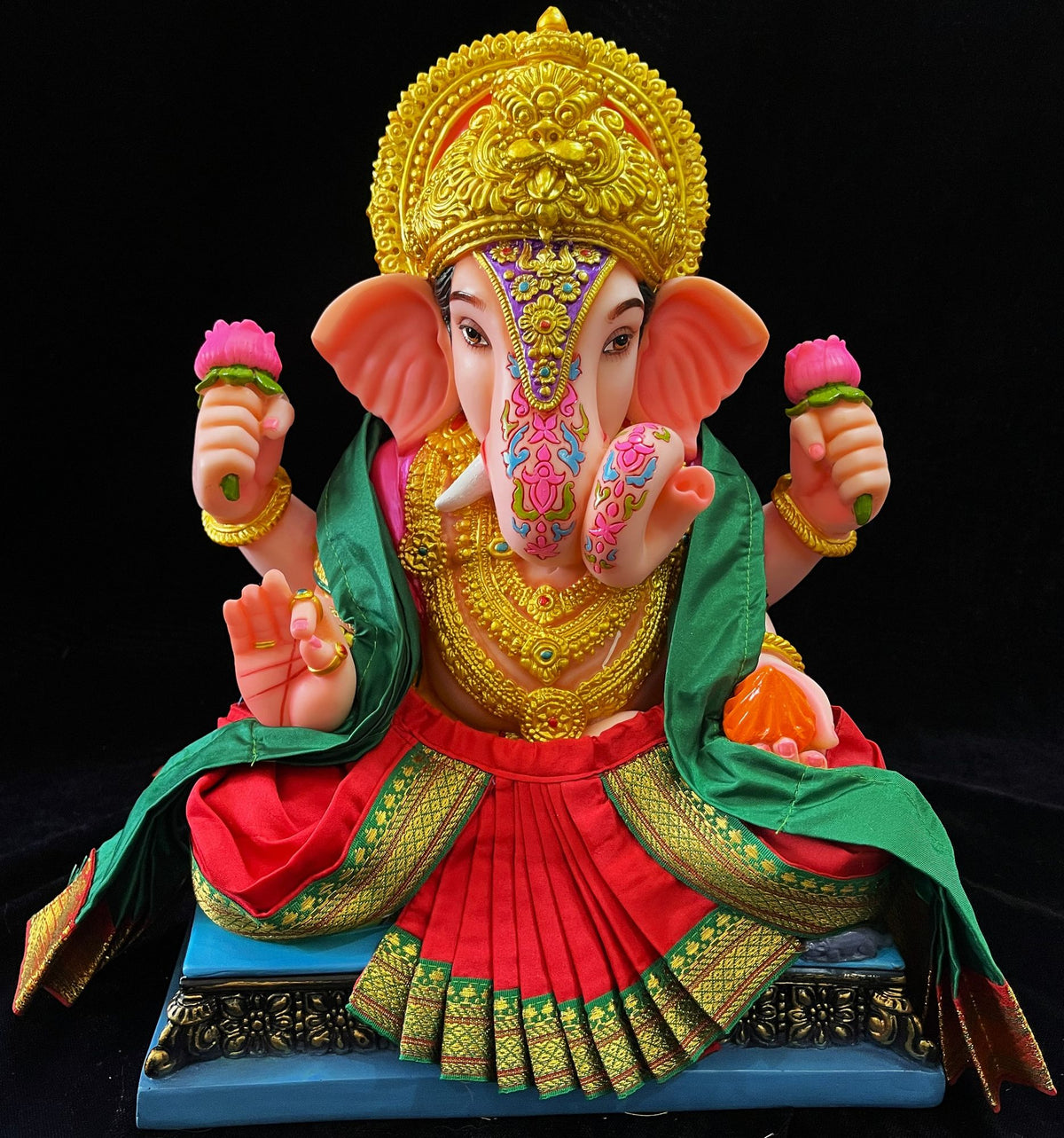 Dagdusheth Halwai Ganpati Dhoti made of Plain Silk (Not Pure Silk) - Red dhoti with Green border and Green shalya