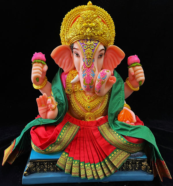 Dagdusheth Halwai Ganpati Dhoti made of Plain Silk (Not Pure Silk) - Red dhoti with Green border and Green shalya