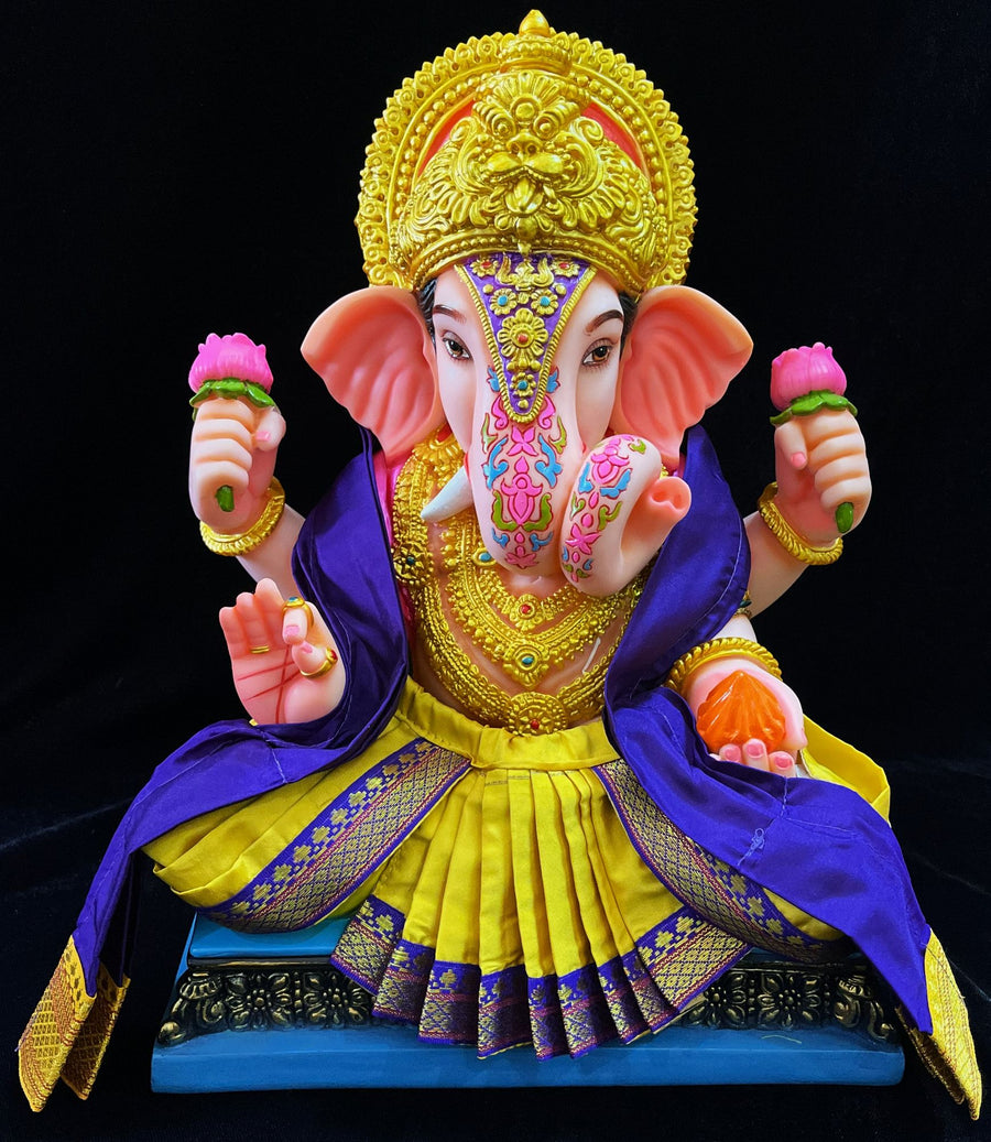 Dagdusheth Halwai Ganpati Dhoti made of Plain Silk (Not Pure Silk) - Yellow dhoti with  blue  border and Blue shalya