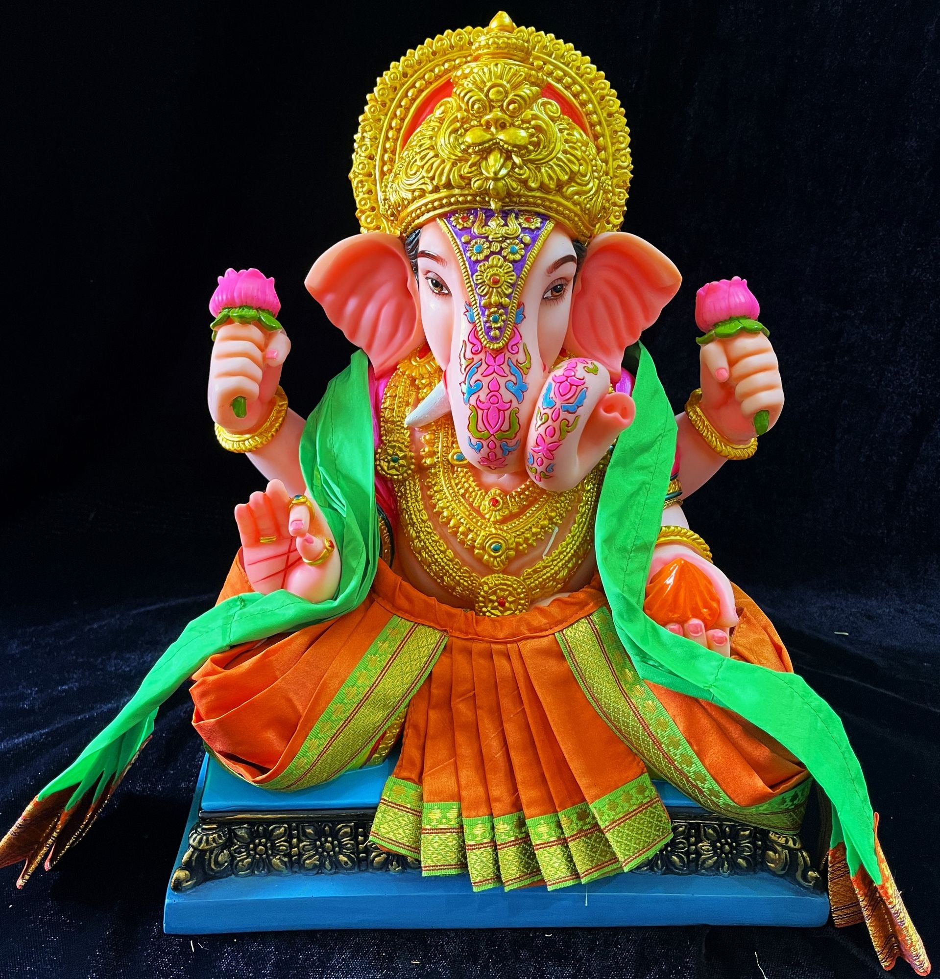 Dagdusheth Halwai Ganpati Dhoti made of Plain Silk (Not Pure Silk) - Orange dhoti with  Parrot Green border and Parrot Green shalya 1