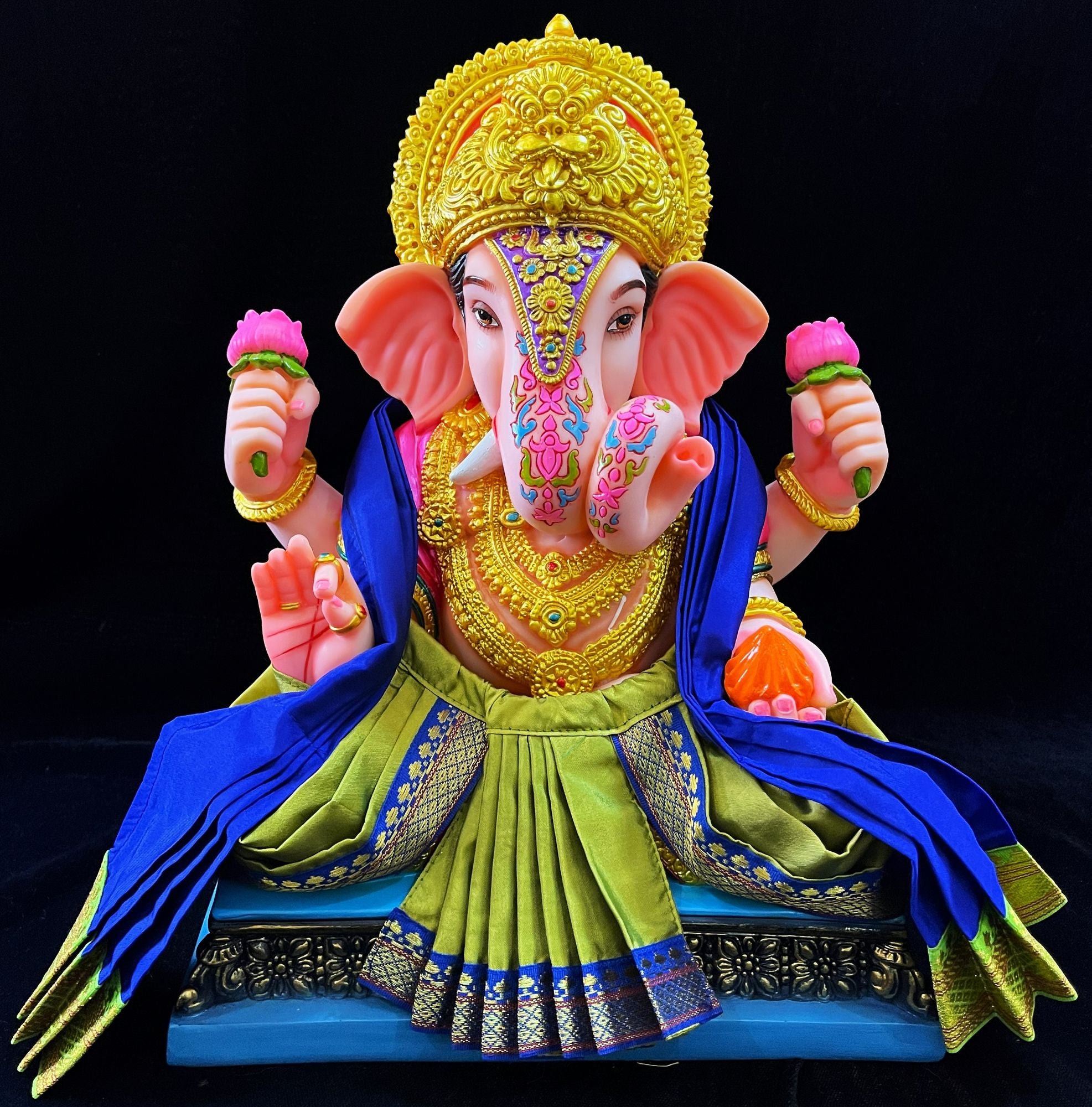 Dagdusheth Halwai Ganpati Dhoti made of Plain Silk (Not Pure Silk) - Sap Green dhoti with  Blue  border and  shalya 1