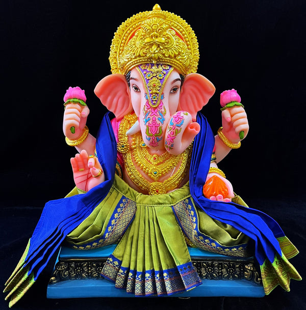 Dagdusheth Halwai Ganpati Dhoti made of Plain Silk (Not Pure Silk) - Sap Green dhoti with  Blue  border and  shalya