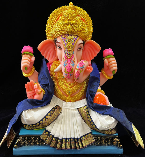 Dagdusheth Halwai Ganpati Dhoti made of Plain Silk (Not Pure Silk) - White dhoti with Dark  Blue border  and Dark  Blue  shalya