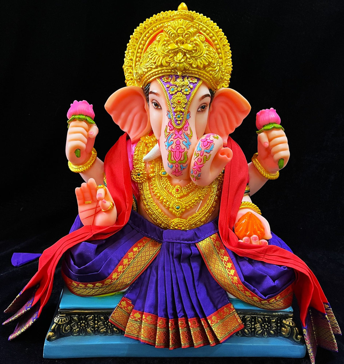 Dagdusheth Halwai Ganpati Dhoti made of Plain Silk (Not Pure Silk) - Bule dhoti with  Red  border and   Red shalya