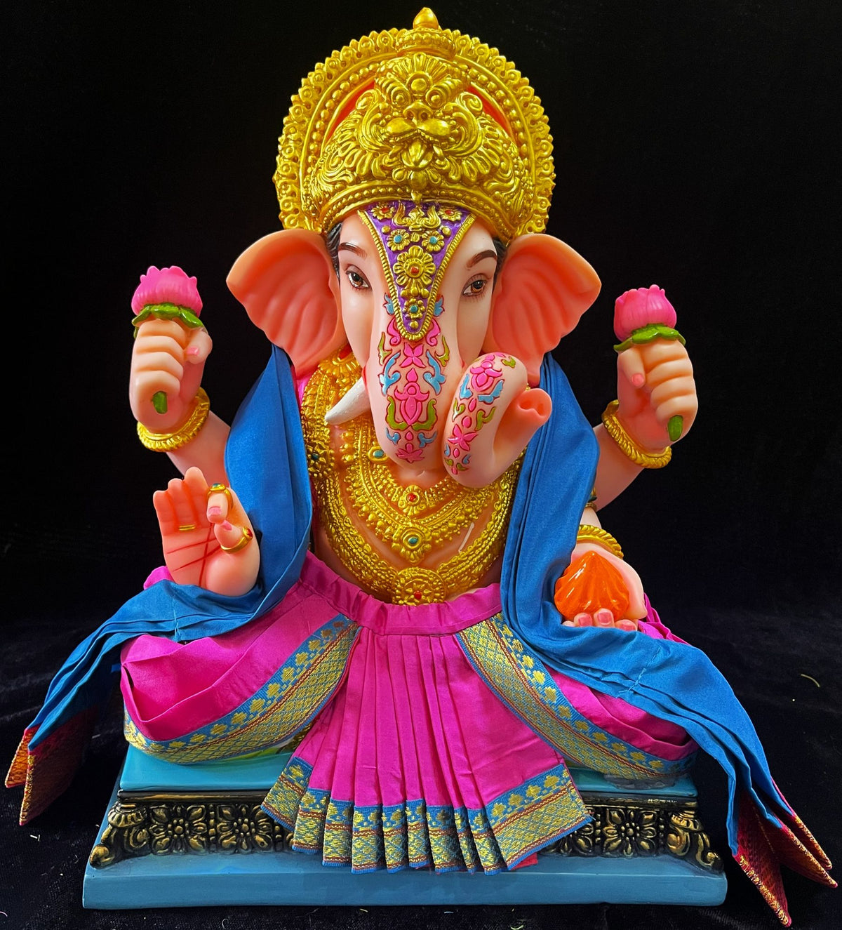 Dagdusheth Halwai Ganpati Dhoti made of Plain Silk (Not Pure Silk) - Pink dhoti with Light Blue border and Light Blue shalya