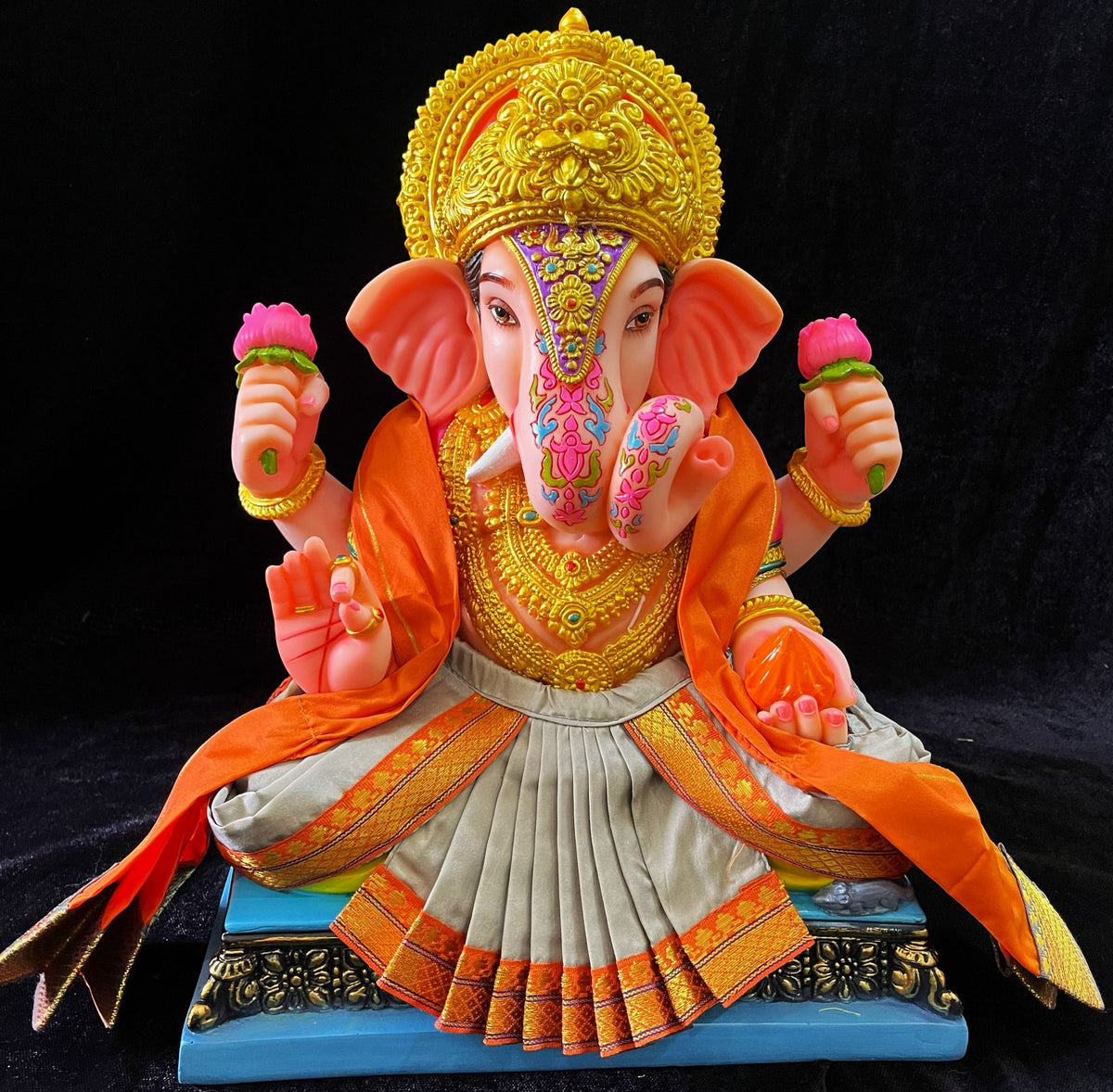 Dagdusheth Halwai Ganpati Dhoti made of Plain Silk (Not Pure Silk) - Grey dhoti with Orange border and  Orange shalya