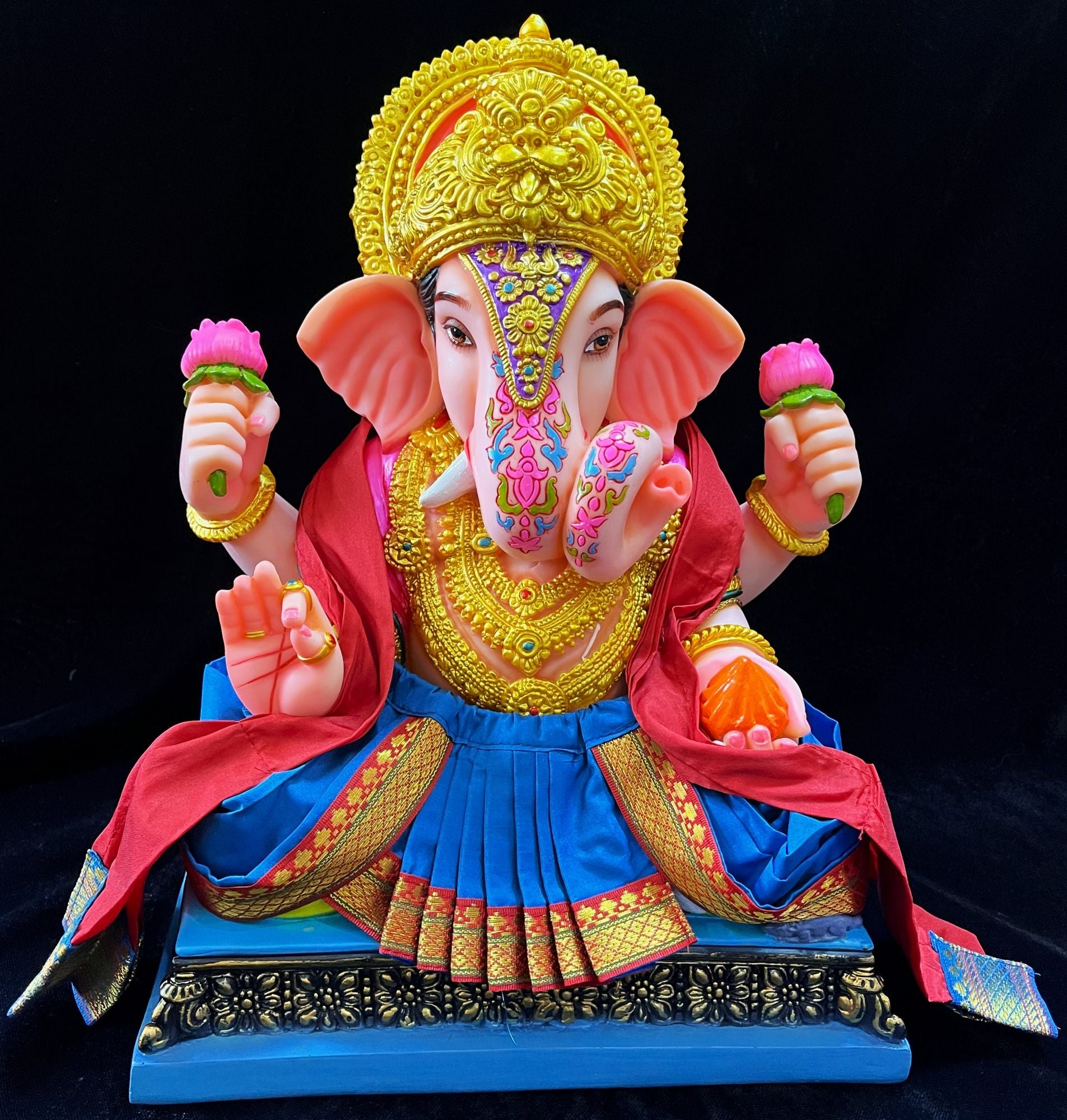 Dagdusheth Halwai Ganpati Dhoti made of Plain Silk (Not Pure Silk) - Light Blue dhoti with  Red  border and  Red shalya 1