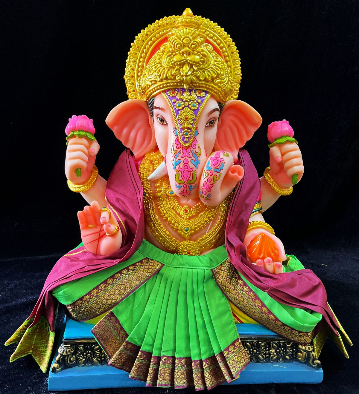 Dagdusheth Halwai Ganpati Dhoti made of Plain Silk (Not Pure Silk) - Parrot Green  dhoti with  Maroon  border and  Maroon shalya