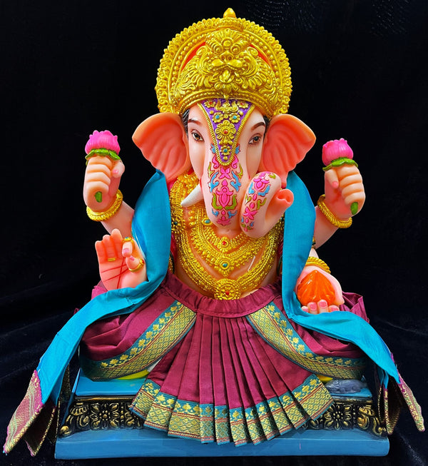 Dagdusheth Halwai Ganpati Dhoti made of Plain Silk (Not Pure Silk) - Maroon dhoti with Light border and  Light blue shalya