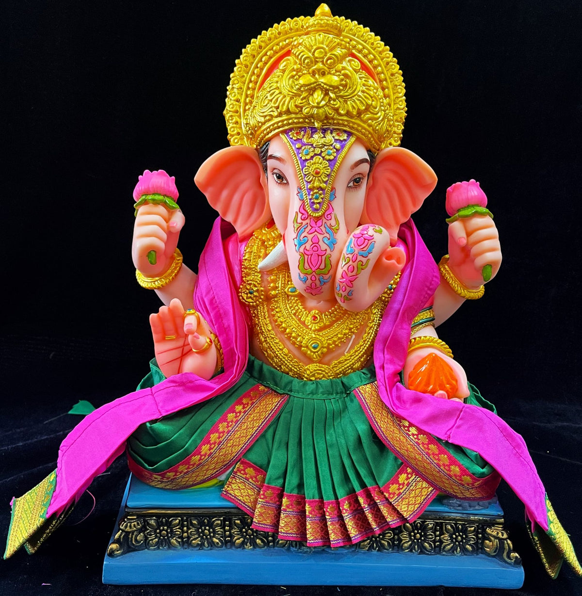 Dagdusheth Halwai Ganpati Dhoti made of Plain Silk (Not Pure Silk) - Dark Green dhoti with Pink border and Pink shalya