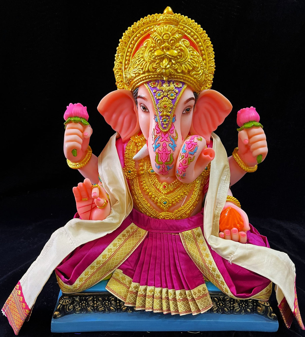 Dagdusheth Halwai Ganpati Dhoti made of Plain Silk (Not Pure Silk) - Pink  dhoti with White border and  White shalya