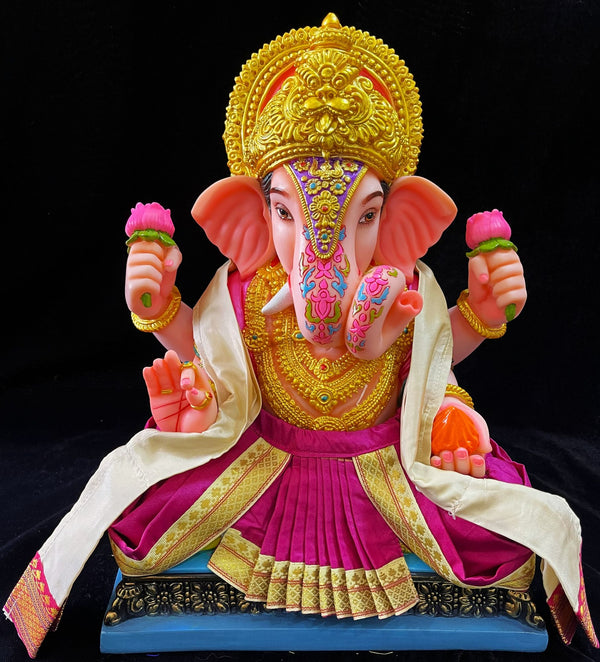 Dagdusheth Halwai Ganpati Dhoti made of Plain Silk (Not Pure Silk) - Pink  dhoti with White border and  White shalya