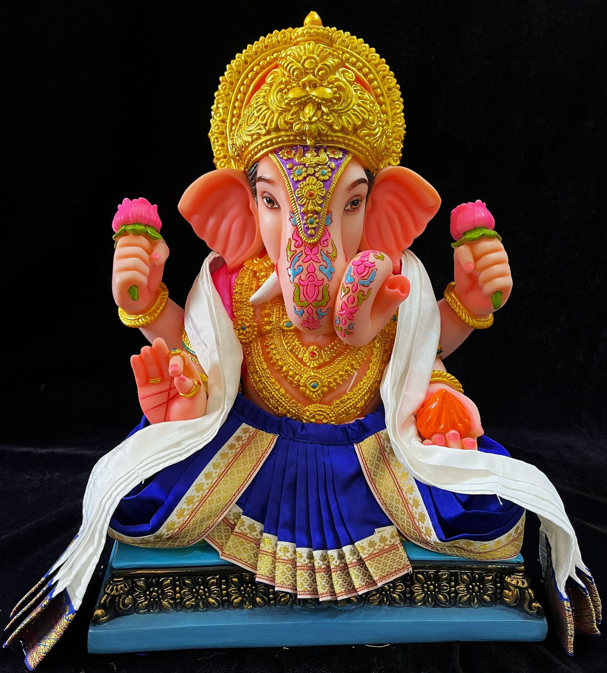 Dagdusheth Halwai Ganpati Dhoti made of Plain Silk (Not Pure Silk) - Blue dhoti with White border and  White shalya