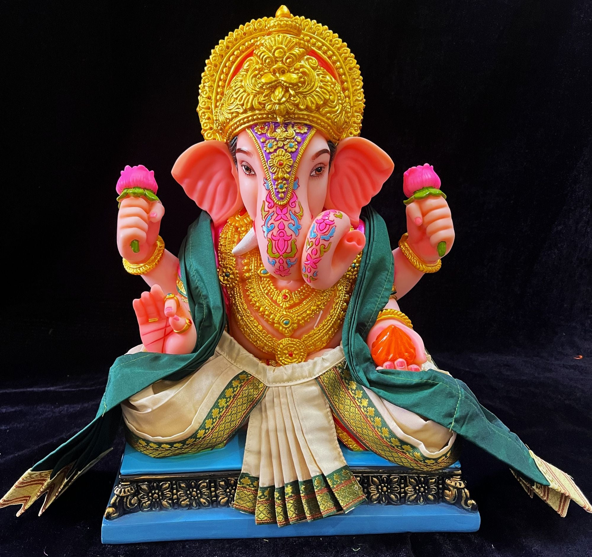 Dagdusheth Halwai Ganpati Dhoti made of Plain Silk (Not Pure Silk) - Off White dhoti with Green  border and  Bottle  Green shalya 1