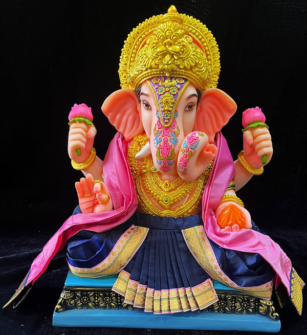 Dagdusheth Halwai Ganpati Dhoti made of Plain Silk (Not Pure Silk) - Navy Blue dhoti with Light Pink  border and  Light Pink shalya