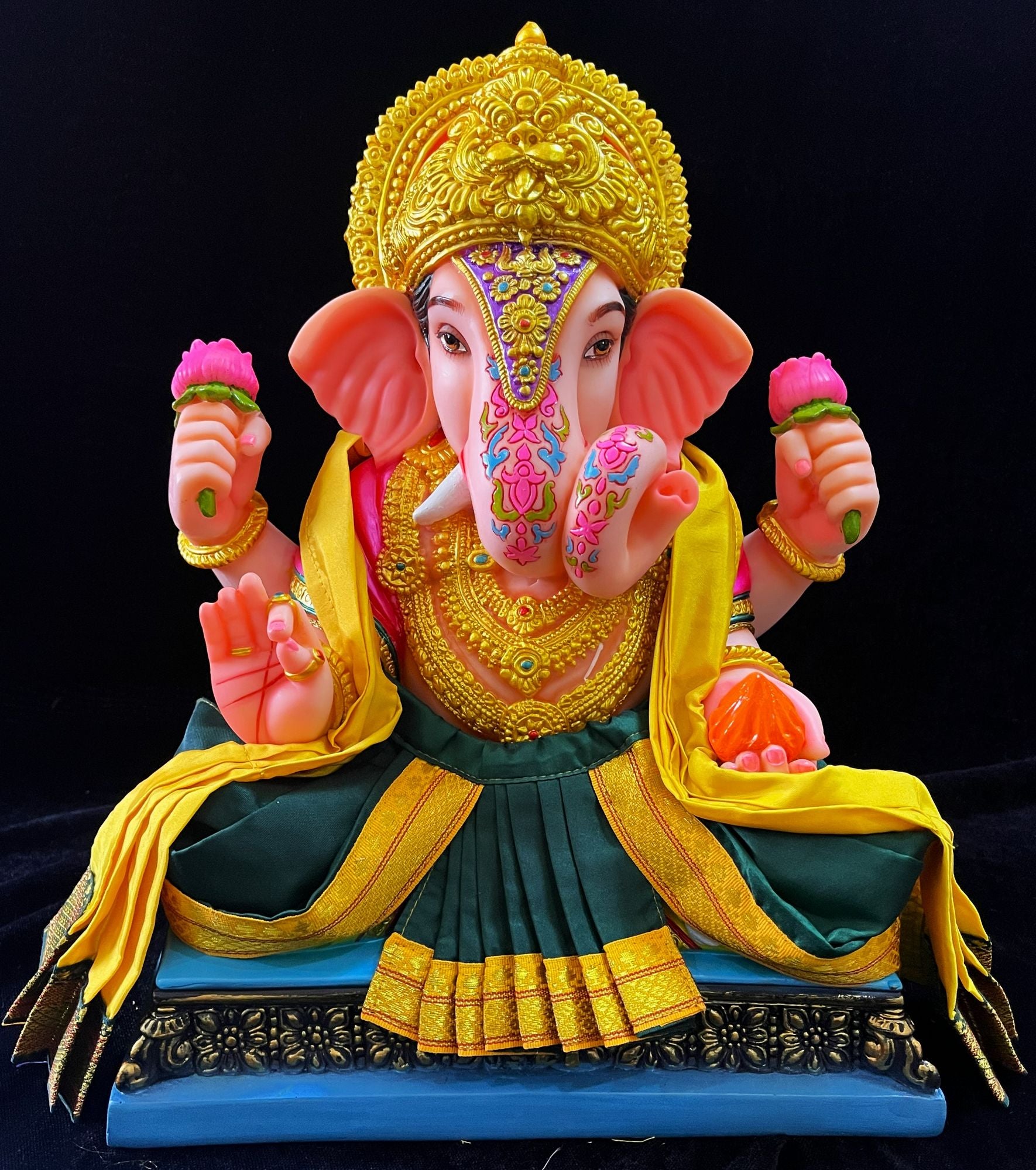 Dagdusheth Halwai Ganpati Dhoti made of Plain Silk (Not Pure Silk) - Dark Bottle green dhoti with Yellow zari border and Yellow Shalya 1