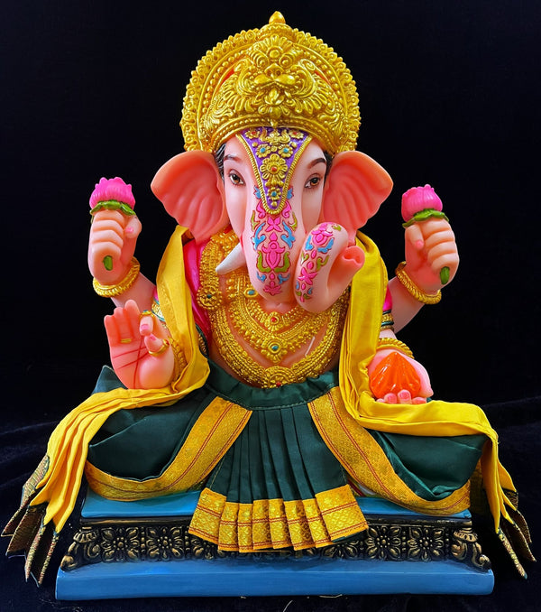 Dagdusheth Halwai Ganpati Dhoti made of Plain Silk (Not Pure Silk) - Dark Bottle green dhoti with Yellow zari border and Yellow Shalya