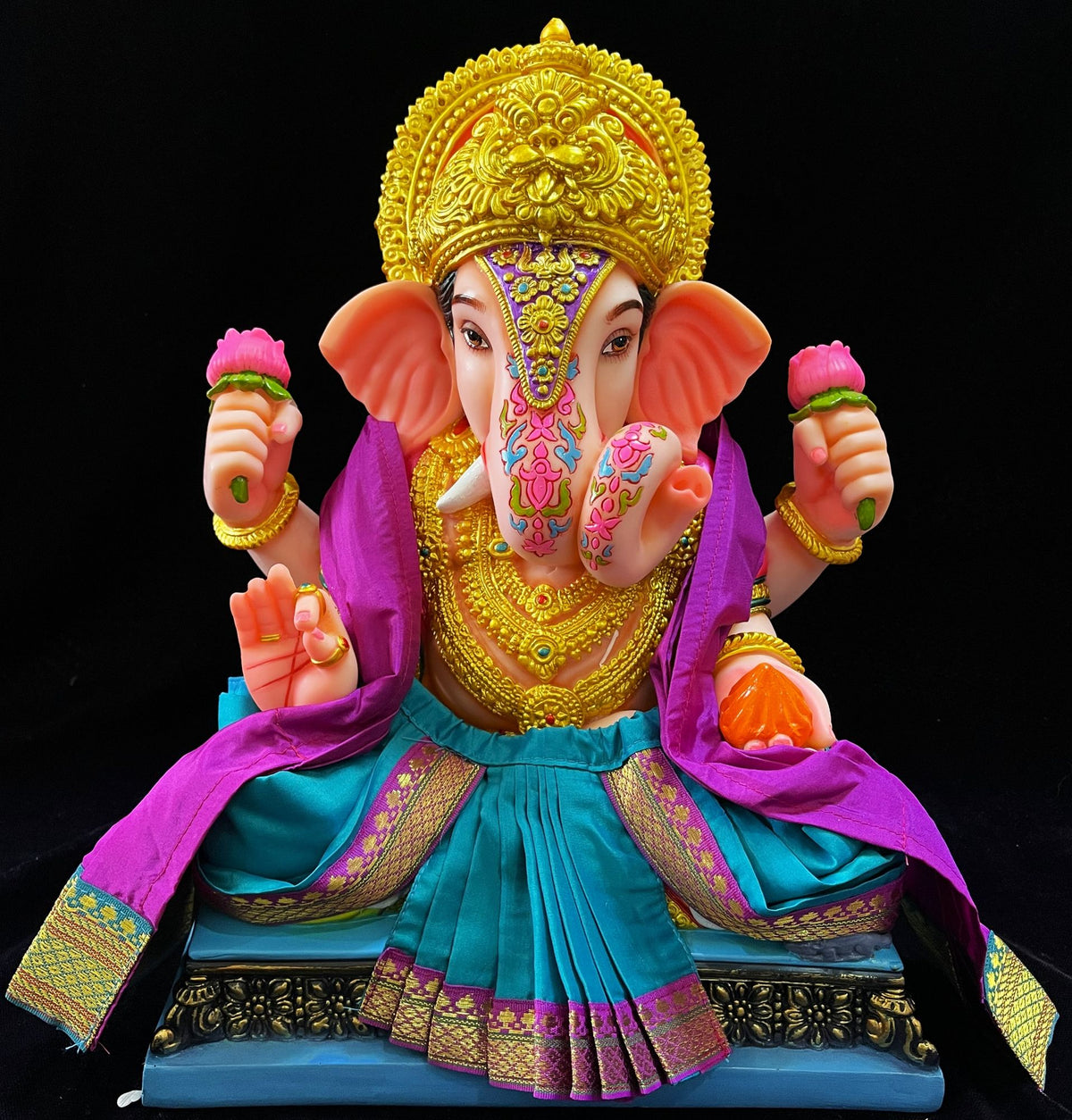 Dagdusheth Halwai Ganpati Dhoti made of Plain Silk (Not Pure Silk) - Rama blue dhoti with Purple zari border and Purple Shalya