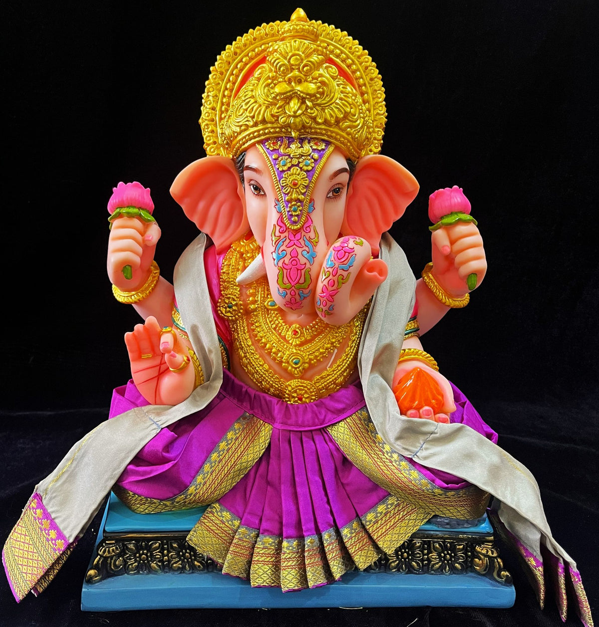 Dagdusheth Halwai Ganpati Dhoti made of Plain Silk (Not Pure Silk) - Rani pink dhoti with Grey zari border and silver grey Shalya