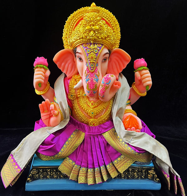 Dagdusheth Halwai Ganpati Dhoti made of Plain Silk (Not Pure Silk) - Rani pink dhoti with Grey zari border and silver grey Shalya