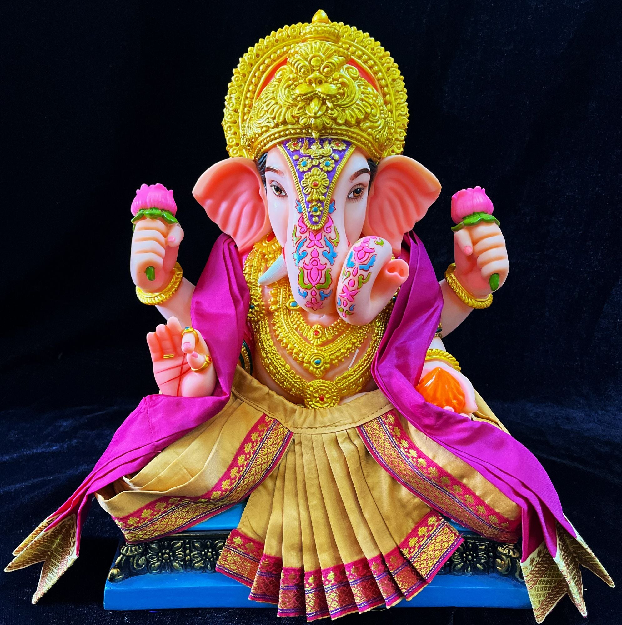 Dagdusheth Halwai Ganpati Dhoti made of Plain Silk (Not Pure Silk) - Gold dhoti with Pink zari border and Pink Shalya 1