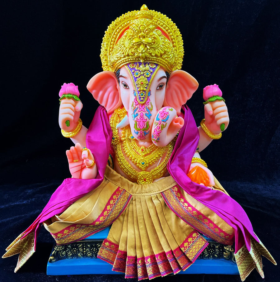 Dagdusheth Halwai Ganpati Dhoti made of Plain Silk (Not Pure Silk) - Gold dhoti with Pink zari border and Pink Shalya