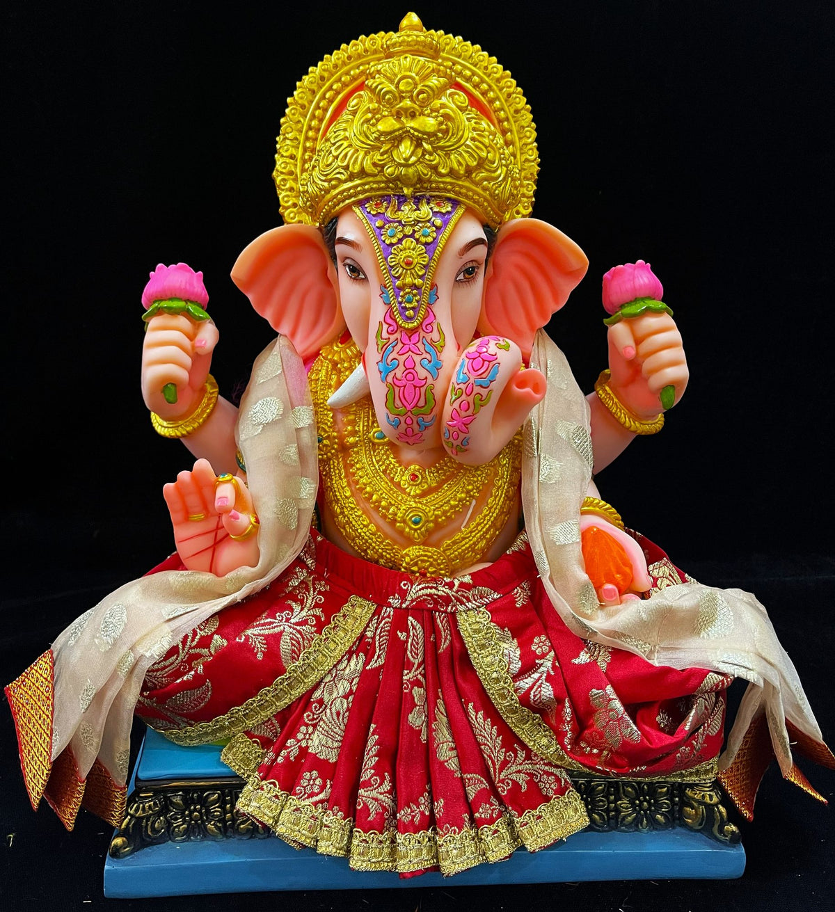 Dagdusheth Halwai Ganpati Dhoti made of Banaras Silk (Pure Silk) - Red Dhoti with Gold Shalya