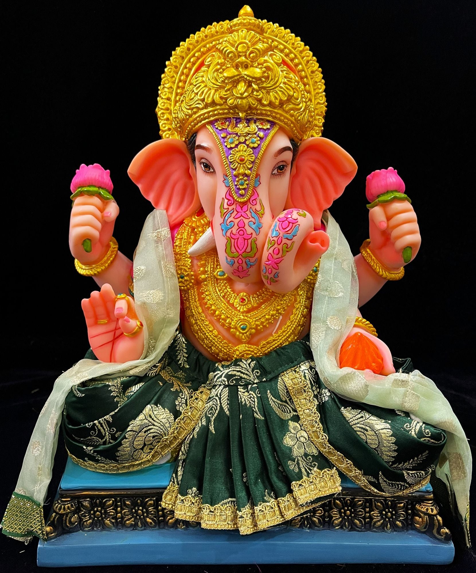 Dagdusheth Halwai Ganpati Dhoti made of Banaras Silk (Pure Silk) -  Bottle Green Dhoti with Light green Shalya 1