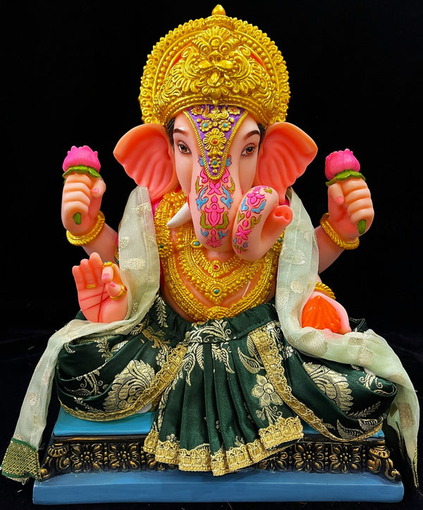 Dagdusheth Halwai Ganpati Dhoti made of Banaras Silk (Pure Silk) -  Bottle Green Dhoti with Light green Shalya