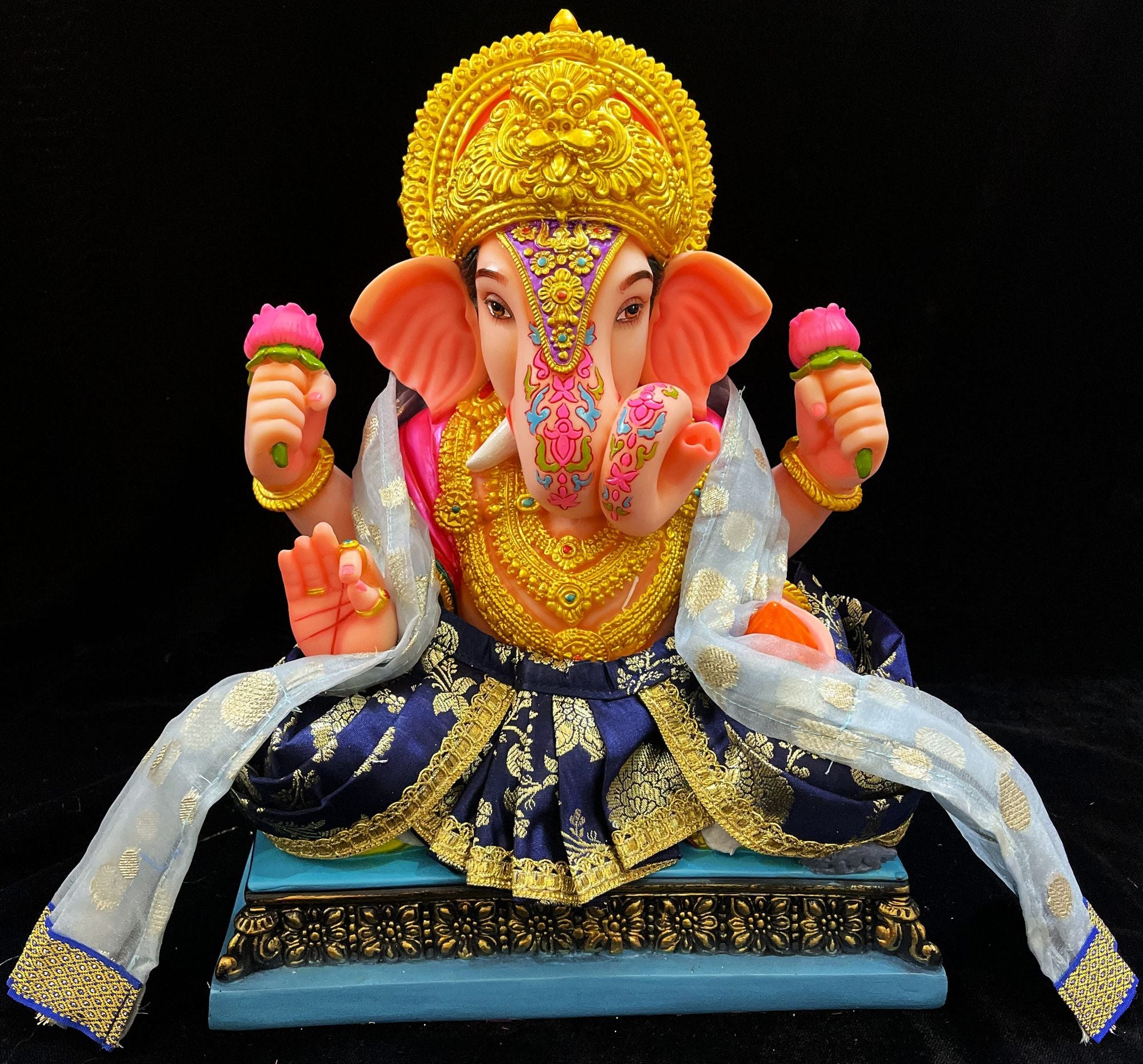 Dagdusheth Halwai Ganpati Dhoti made of Banaras Silk (Pure Silk) - Blue with Sky blue Shalya 1